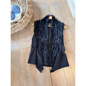 Metric Knits Rabbit Fur Vest Womens Black Medium Luxury Ribbed Knit Open Front